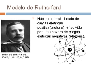 Modelo de Rutherford
                                Núcleo central, dotado de
                                 cargas elétricas
                                 positiva(prótons), envolvido
                                 por uma nuvem de cargas
                                 elétricas negativas (elétrons).



Rutherford Birchard Hayes
(04/10/1822 => 17/01/1893)
 