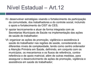 IV- desenvolver estratégias visando o fortalecimento da participação
da comunidade, dos trabalhadores e do controle social, incluindo
o apoio e fortalecimento da CIST do CES;
V- apoiar tecnicamente e atuar de forma integrada com as
Secretarias Municipais de Saúde na implementação das ações
de saúde do trabalhador;
VI- organizar as ações de promoção, vigilância e assistência à
saúde do trabalhador nas regiões de saúde, considerando os
diferentes níveis de complexidade, tendo como centro ordenador
a Atenção Primária em Saúde, definindo, em conjunto com os
municípios, os mecanismos e os fluxos de referência, contra-
referência e de apoio matricial, além de outras medidas, para
assegurar o desenvolvimento de ações de promoção, vigilância e
assistência em saúde do trabalhador;
Nível Estadual – Art.12
 
