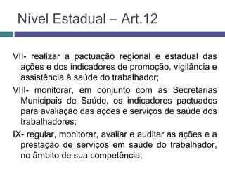 VII- realizar a pactuação regional e estadual das
ações e dos indicadores de promoção, vigilância e
assistência à saúde do trabalhador;
VIII- monitorar, em conjunto com as Secretarias
Municipais de Saúde, os indicadores pactuados
para avaliação das ações e serviços de saúde dos
trabalhadores;
IX- regular, monitorar, avaliar e auditar as ações e a
prestação de serviços em saúde do trabalhador,
no âmbito de sua competência;
Nível Estadual – Art.12
 