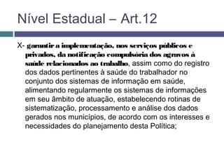 X- garantira implementação, nos serviços públicos e
privados, da notificação compulsória dos agravos à
saúde relacionados ao trabalho, assim como do registro
dos dados pertinentes à saúde do trabalhador no
conjunto dos sistemas de informação em saúde,
alimentando regularmente os sistemas de informações
em seu âmbito de atuação, estabelecendo rotinas de
sistematização, processamento e análise dos dados
gerados nos municípios, de acordo com os interesses e
necessidades do planejamento desta Política;
Nível Estadual – Art.12
 