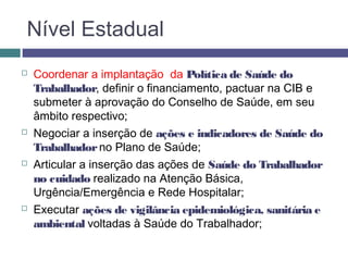 Nível Estadual
 Coordenar a implantação da Política de Saúde do
Trabalhador, definir o financiamento, pactuar na CIB e
submeter à aprovação do Conselho de Saúde, em seu
âmbito respectivo;
 Negociar a inserção de ações e indicadores de Saúde do
Trabalhadorno Plano de Saúde;
 Articular a inserção das ações de Saúde do Trabalhador
no cuidado realizado na Atenção Básica,
Urgência/Emergência e Rede Hospitalar;
 Executar ações de vigilância epidemiológica, sanitária e
ambiental voltadas à Saúde do Trabalhador;
 