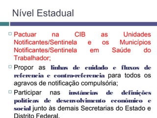 Nível Estadual
 Pactuar na CIB as Unidades
Notificantes/Sentinela e os Municípios
Notificantes/Sentinela em Saúde do
Trabalhador;
 Propor as linhas de cuidado e fluxos de
referencia e contra-referencia para todos os
agravos de notificação compulsória;
 Participar nas instâncias de definições
políticas de desenvolvimento econômico e
social junto às demais Secretarias do Estado e
 
