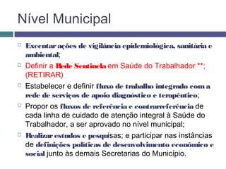 Nível Municipal
 Executarações de vigilância epidemiológica, sanitária e
ambiental;
 Definir a Rede Sentinela em Saúde do Trabalhador **;
(RETIRAR)
 Estabelecer e definir fluxo de trabalho integrado coma
rede de serviços de apoio diagnóstico e terapêutico;
 Propor os fluxos de referência e contrarreferência de
cada linha de cuidado de atenção integral à Saúde do
Trabalhador, a ser aprovado no nível municipal;
 Realizarestudos e pesquisas; e participar nas instâncias
de definições políticas de desenvolvimento econômico e
social junto às demais Secretarias do Município.
 
