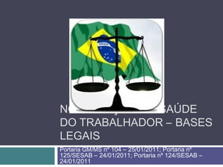 NOTIFICAÇÃO EM SAÚDE
DO TRABALHADOR – BASES
LEGAIS
Portaria GM/MS nº 104 – 25/01/2011; Portaria nº
125/SESAB – 24/01/2011; Portaria nº 124/SESAB –
24/01/2011
 