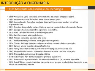 INTRODUÇÃO À ENGENHARIA
• 1800 Alessandro Volta constrói a primeira batria de zinco e chapas de cobre.
• 1802 Joseph Gay Lussac formula a lei de dilatação dos gases.
• 1805 Joseph Fourier formula a teoria do desenvolvimento das funções em séries
trigonométricas.
• 1811 Amedeo Avogrado formula a hipótese sobre a composição molecular dos Gases.
• 1814 George Sthepheson constrói a primeira locomotiva.
• 1819 Hans Derstedt descobre o eletromagnetismo
• 1824 Sadi Carnot cria a termodinâmica.
• 1825 Nielson constrói o peimeiro alto forno
• 1831 Michael Faraday descobre a indução eletromagnética
• 1834 Charles Babbage inventa a máquina analítica – ancestral do computador.
• 1837 Samuel Morse inventa o telégrafo elétrico
• 1855 Henry Bessemer contrói o primeiro conversor para procução de aço
• 1867 Joseph Monier inventa o processo de construção de concreto reforçado
• 1878 Thomas Edison inventa a lâmpada elétrica
• Gottieb Daimler e Karl Benzconstroem o primeiro automóvel
• 1891 é construída a primeira linha de transmissão elétrica. Em corrente alternada
• 1892 Rudolf Diesel estuda, inventa e patenteia, e em seguida produz industrialmente, o seu
motor de combustão interna.
Fatos Marcantes da Ciência e da Tecnologia
 