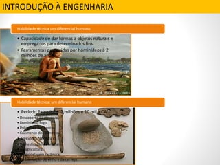 INTRODUÇÃO À ENGENHARIA
• Capacidade de dar formas a objetos naturais e
emprega-los para determinados fins.
• Ferramentas produzidas por hominídeos à 2
milhões de anos.
Habilidade técnica um diferencial humano
• Período Paleolítico: 2 milhões e 10 mil a.CA
• Descoberta da alavanca,
• Domínio do fogo.
• Polimento das pedras.
• Cozimento dos alimentos.
• Período Neolítico.
• Domesticação de animais.
• Da agricultura.
• Da modelagem cerâmica.
• Da fabricação do vinho e da cerveja.
Habilidade técnica: um diferencial humano
 