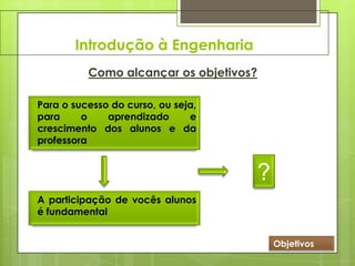 Introdução à Engenharia
Como alcançar os objetivos?
Para o sucesso do curso, ou seja,
para o aprendizado e
crescimento dos alunos e da
professora
A participação de vocês alunos
é fundamental
?
Objetivos
 