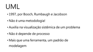 UML
• 1997, por Booch, Rumbaugh e Jacobson
• Não é uma metodologia!
• Auxilia na visualização sistêmica de um problema
• Não é depende de processo
• Mais que uma ferramenta, um padrão de
modelagem
 