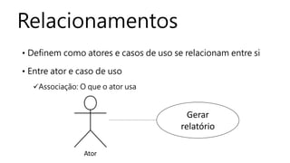 Relacionamentos
• Definem como atores e casos de uso se relacionam entre si
• Entre ator e caso de uso
Associação: O que o ator usa
Gerar
relatório
Ator
 