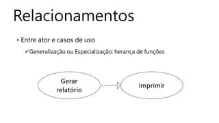 Relacionamentos
• Entre ator e casos de uso
Generalização ou Especialização: herança de funções
Gerar
relatório
Imprimir
 