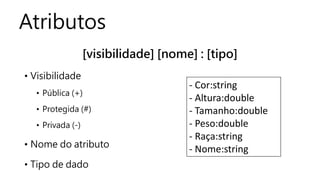 Atributos
[visibilidade] [nome] : [tipo]
• Visibilidade
• Pública (+)
• Protegida (#)
• Privada (-)
• Nome do atributo
• Tipo de dado
- Cor:string
- Altura:double
- Tamanho:double
- Peso:double
- Raça:string
- Nome:string
 