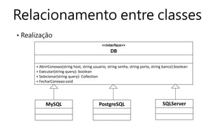 Relacionamento entre classes
• Realização
MySQL
<<interface>>
DB
+ AbrirConexao(string host, string usuario, string senha, string porta, string banco):boolean
+ Executar(string query): boolean
+ Selecionar(string query): Collection
+ FecharConexao:void
PostgreSQL SQLServer
 