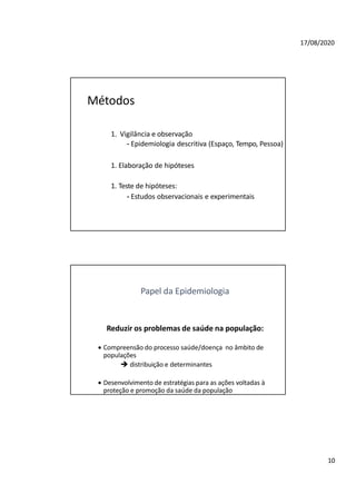 10
17/08/2020
Métodos
1. Vigilância e observação
- Epidemiologia descritiva (Espaço, Tempo, Pessoa)
1. Elaboração de hipóteses
1. Teste de hipóteses:
- Estudos observacionais e experimentais
Papel da Epidemiologia
Reduzir os problemas de saúde na população:
 Compreensão do processo saúde/doença no âmbito de
populações
 distribuição e determinantes
 Desenvolvimento de estratégias para as ações voltadas à
proteção e promoção da saúde da população
 