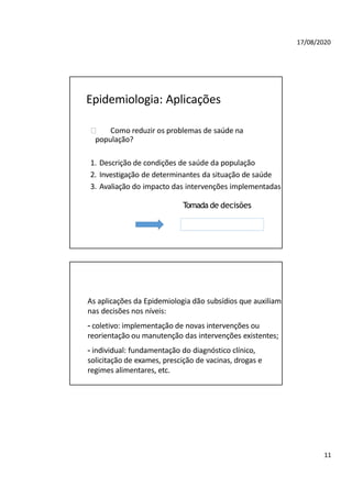 17/08/2020
Epidemiologia: Aplicações
🞂 Como reduzir os problemas de saúde na
população?
1. Descrição de condições de saúde da população
2. Investigação de determinantes da situação de saúde
3. Avaliação do impacto das intervenções implementadas
Tomada de decisões
11
As aplicações da Epidemiologia dão subsídios que auxiliam
nas decisões nos níveis:
- coletivo: implementação de novas intervenções ou
reorientação ou manutenção das intervenções existentes;
- individual: fundamentação do diagnóstico clínico,
solicitação de exames, prescição de vacinas, drogas e
regimes alimentares, etc.
 