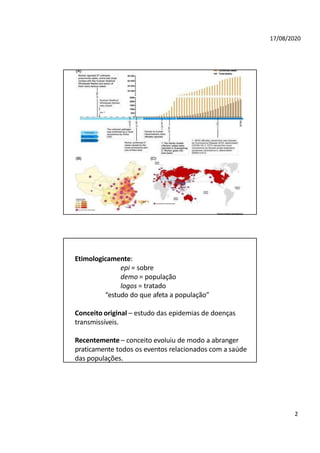 17/08/2020
Etimologicamente:
epi = sobre
demo = população
logos = tratado
“estudo do que afeta a população”
Conceito original – estudo das epidemias de doenças
transmissíveis.
Recentemente – conceito evoluiu de modo a abranger
praticamente todos os eventos relacionados com a saúde
das populações.
2
 