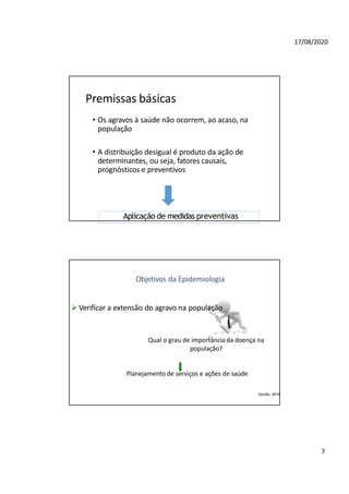17/08/2020
Premissas básicas
• Os agravos à saúde não ocorrem, ao acaso, na
população
• A distribuição desigual é produto da ação de
determinantes, ou seja, fatores causais,
prognósticos e preventivos
Aplicação de medidas preventivas
Objetivos da Epidemiologia
Verificar a extensão do agravo na população
Qual o grau de importância da doença na
população?
Planejamento de serviços e ações de saúde
Gordis, 2014
7
 