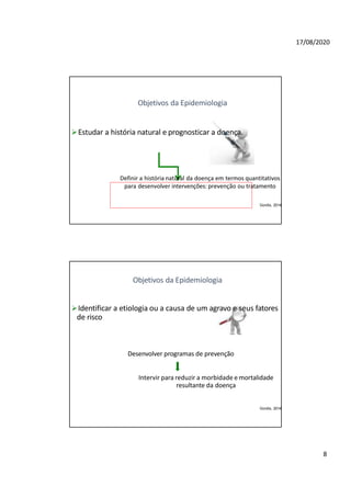 17/08/2020
Objetivos da Epidemiologia
Estudar a história natural e prognosticar a doença.
Definir a história natural da doença em termos quantitativos
para desenvolver intervenções: prevenção ou tratamento
Gordis, 2014
Objetivos da Epidemiologia
Identificar a etiologia ou a causa de um agravo e seus fatores
de risco
Desenvolver programas de prevenção
Intervir para reduzir a morbidade e mortalidade
resultante da doença
Gordis, 2014
8
 