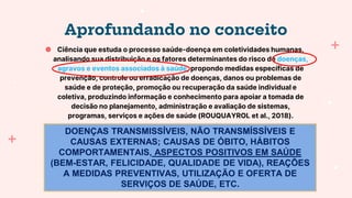 Aprofundando no conceito
● Ciência que estuda o processo saúde-doença em coletividades humanas,
analisando sua distribuição e os fatores determinantes do risco de doenças,
agravos e eventos associados à saúde, propondo medidas específicas de
prevenção, controle ou erradicação de doenças, danos ou problemas de
saúde e de proteção, promoção ou recuperação da saúde individual e
coletiva, produzindo informação e conhecimento para apoiar a tomada de
decisão no planejamento, administração e avaliação de sistemas,
programas, serviços e ações de saúde (ROUQUAYROL et al., 2018).
DOENÇAS TRANSMISSÍVEIS, NÃO TRANSMÍSSÍVEIS E
CAUSAS EXTERNAS; CAUSAS DE ÓBITO, HÁBITOS
COMPORTAMENTAIS, ASPECTOS POSITIVOS EM SAÚDE
(BEM-ESTAR, FELICIDADE, QUALIDADE DE VIDA), REAÇÕES
A MEDIDAS PREVENTIVAS, UTILIZAÇÃO E OFERTA DE
SERVIÇOS DE SAÚDE, ETC.
 