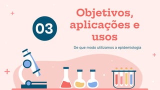 Objetivos,
aplicações e
usos
03
De que modo utilizamos a epidemiologia
 