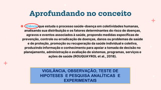 Aprofundando no conceito
● Ciência que estuda o processo saúde-doença em coletividades humanas,
analisando sua distribuição e os fatores determinantes do risco de doenças,
agravos e eventos associados à saúde, propondo medidas específicas de
prevenção, controle ou erradicação de doenças, danos ou problemas de saúde
e de proteção, promoção ou recuperação da saúde individual e coletiva,
produzindo informação e conhecimento para apoiar a tomada de decisão no
planejamento, administração e avaliação de sistemas, programas, serviços e
ações de saúde (ROUQUAYROL et al., 2018).
VIGILÂNCIA, OBSERVAÇÃO, TESTE DE
HIPOTESES E PESQUISA ANALÍTICAS E
EXPERIMENTAIS
 