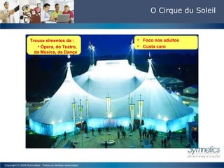 O Cirque du Soleil Trouxe elmentos da : Ópera, do Teatro, da Música, da Dan ça Foco nos adultos Custa caro 