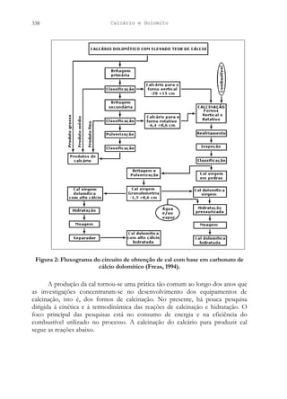 Calcário e Dolomito
338
Figura 2: Fluxograma do circuito de obtenção de cal com base em carbonato de
cálcio dolomítico (Freas, 1994).
A produção da cal tornou-se uma prática tão comum ao longo dos anos que
as investigações concentraram-se no desenvolvimento dos equipamentos de
calcinação, isto é, dos fornos de calcinação. No presente, há pouca pesquisa
dirigida à cinética e à termodinâmica das reações de calcinação e hidratação. O
foco principal das pesquisas está no consumo de energia e na eficiência do
combustível utilizado no processo. A calcinação do calcário para produzir cal
segue as reações abaixo.
 