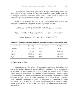 Rochas e Minerais Industriais – CETEM/2005 347
Os compostos responsáveis pela dureza da água também respondem pelo
custo elevado da água utilizada nas indústrias de bebidas, tintas, têxtil, operações
de lavagem, consumo doméstico, entre outros. Nestes casos, a remoção de
compostos que provocam dureza da água torna-se necessária.
Assim, a cal hidratada Ca(OH)2 é um dos reagentes mais usados para
remoção dos íons cálcio e magnésio da água, segundo as reações:
cálcio
íons
os
para
O
2H
2CaCO
Ca(OH)
)
Ca(HCO 2
2
2
3 3
+
⇔
+ ↓
magnésio
íons
os
para
CaX
O)
Mg(H
Ca(OH)
MgX 2
2
2
2
2 +
⇔
+ ↓
−
− 2
3
2
1
2
4
2
1
3
2 CO
,
SO
,
HCO
,
NO
Cl,
:
ser
pode
X
Onde .
Tabela 2: Principais especificações da cal hidratada usada no tratamento de água.
Composto Peso (%) Composto Peso(%)
Ca(OH)2 95,83-97,0 Fe4O3 0,08
CaCO3 1,3-1,56 Al4O3 0,16-0,20
CaSO4 0,30-0,48 SiO2 0,16-0,40
MgO 0,27-0,72 H2O 0,35-0,60
5. ESPECIFICAÇÕES
As especificações das rochas calcárias variam em função do produto final
que se deseja obter. Em geral, tais especificações podem ser físicas ou químicas,
no entanto, em alguns casos, incluem-se os dois parâmetros. Especificações
físicas, tais como durabilidade e degradação, são mais importantes quando a rocha
é usada in natura. O controle das especificações químicas e físicas torna-se rígido
quando o produto é usado, na maioria dos casos, nas indústrias de: papel, plástico,
tintas, borracha, siderúrgica e, ainda, na obtenção de carbonato de cálcio
precipitado, além de outros. O controle granulométrico e a alvura tornam-se
rígidos quando o produto de calcário é usado para fins nobres, como papel, tintas,
borracha, etc.
 