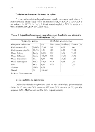 Calcário e Dolomito
348
Carbonato utilizado na indústria de vidros
A composição química do produto carbonatado a ser acrescido à mistura é
particularmente crítica e deve conter um mínimo de 98,5% CaCO3 (55,2% CaO) e
um máximo de 0,035% de Fe2O3, 1,0% de matéria orgânica, 2,0% de umidade e
0,1% de MnO, PbO, P2O5 e SO2 (Tabela 3).
Tabela 3: Especificações químicas e granulométricas de calcário para a indústria
de vidro (Freas, 1994).
Composição química Distribuição granulométrica
Compostos e elementos (%) Abert. (mm) Retido (%) Passante (%)
Carbonato de cálcio CaCO3 97,80 1,68 0,00 100
Carbonato de magnésio MgCO3 1,21 1,19 0,35 99,83
Óxido de ferro Fe2O3 0,095 0,84 5,06 94,80
Óxido de Cromo Cr2O3 < 0,001 0,30 57,05 37,75
Óxido de estrôncio SrO 0,03 0,15 26,26 11,10
Óxido de manganês MnO < 0,01 0,074 9,98 1,60
Sílica SiO2 0,56 PAN - 1,60
Alumina Al2O3 0,23
Níquel Ni < 0,002
PAN = < 74 µm, neste caso.
Uso do calcário na agricultura
O calcário utilizado na agricultura deve ter uma distribuição granulométrica
abaixo de 1,7 mm, com 70% abaixo de 833 µm e 50% passante em 295 µm. Os
teores de CaO e MgO devem ser 28 e 16%, respectivamente.
 