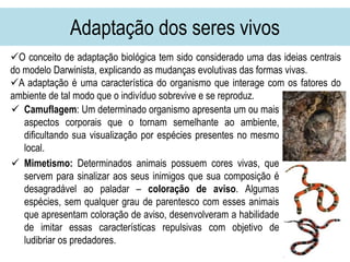 Adaptação dos seres vivos
 Camuflagem: Um determinado organismo apresenta um ou mais
aspectos corporais que o tornam semelhante ao ambiente,
dificultando sua visualização por espécies presentes no mesmo
local.
 Mimetismo: Determinados animais possuem cores vivas, que
servem para sinalizar aos seus inimigos que sua composição é
desagradável ao paladar – coloração de aviso. Algumas
espécies, sem qualquer grau de parentesco com esses animais
que apresentam coloração de aviso, desenvolveram a habilidade
de imitar essas características repulsivas com objetivo de
ludibriar os predadores.
O conceito de adaptação biológica tem sido considerado uma das ideias centrais
do modelo Darwinista, explicando as mudanças evolutivas das formas vivas.
A adaptação é uma característica do organismo que interage com os fatores do
ambiente de tal modo que o indivíduo sobrevive e se reproduz.
 
