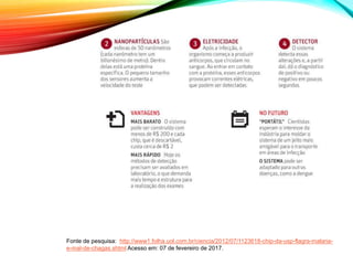 Fonte de pesquisa: http://www1.folha.uol.com.br/ciencia/2012/07/1123618-chip-da-usp-flagra-malaria-
e-mal-de-chagas.shtml Acesso em: 07 de fevereiro de 2017.
 