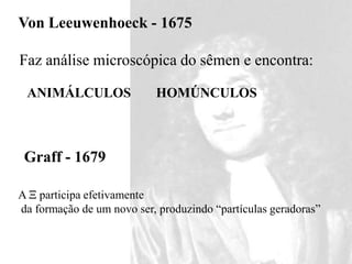 Von Leeuwenhoeck - 1675
Faz análise microscópica do sêmen e encontra:
ANIMÁLCULOS
Graff - 1679
HOMÚNCULOS
A  participa efetivamente
da formação de um novo ser, produzindo “partículas geradoras”
 