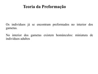 Teoria da Preformação
Os indivíduos já se encontram preformados no interior dos
gametas.
No interior dos gametas existem homúnculos: miniatura de
indivíduos adultos
 