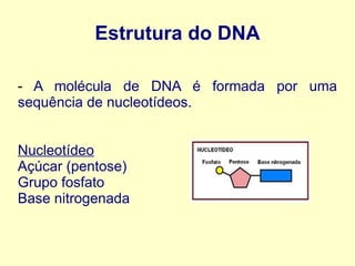 Estrutura do DNA
- A molécula de DNA é formada por uma
sequência de nucleotídeos.
Nucleotídeo
Açúcar (pentose)
Grupo fosfato
Base nitrogenada
 