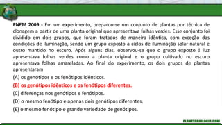 ENEM 2009 - Em um experimento, preparou-se um conjunto de plantas por técnica de
clonagem a partir de uma planta original que apresentava folhas verdes. Esse conjunto foi
dividido em dois grupos, que foram tratados de maneira idêntica, com exceção das
condições de iluminação, sendo um grupo exposto a ciclos de iluminação solar natural e
outro mantido no escuro. Após alguns dias, observou-se que o grupo exposto à luz
apresentava folhas verdes como a planta original e o grupo cultivado no escuro
apresentava folhas amareladas. Ao final do experimento, os dois grupos de plantas
apresentaram
(A) os genótipos e os fenótipos idênticos.
(B) os genótipos idênticos e os fenótipos diferentes.
(C) diferenças nos genótipos e fenótipos.
(D) o mesmo fenótipo e apenas dois genótipos diferentes.
(E) o mesmo fenótipo e grande variedade de genótipos.
 