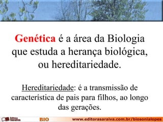 Genética é a área da Biologia
que estuda a herança biológica,
ou hereditariedade.
Hereditariedade: é a transmissão de
característica de pais para filhos, ao longo
das gerações.
 