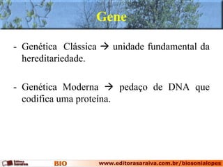 Gene
- Genética Clássica  unidade fundamental da
hereditariedade.
- Genética Moderna  pedaço de DNA que
codifica uma proteína.
 