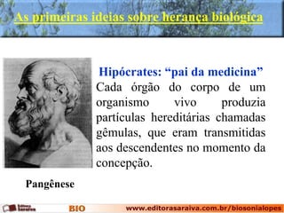 As primeiras ideias sobre herança biológica
Hipócrates: “pai da medicina”
Cada órgão do corpo de um
organismo vivo produzia
partículas hereditárias chamadas
gêmulas, que eram transmitidas
aos descendentes no momento da
concepção.
Pangênese
 