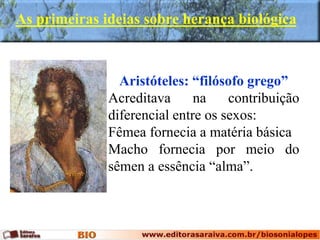 As primeiras ideias sobre herança biológica
Aristóteles: “filósofo grego”
Acreditava na contribuição
diferencial entre os sexos:
Fêmea fornecia a matéria básica
Macho fornecia por meio do
sêmen a essência “alma”.
 