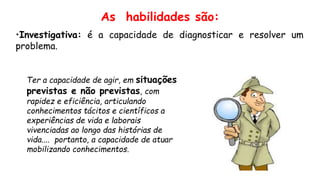 •Investigativa: é a capacidade de diagnosticar e resolver um
problema.
Ter a capacidade de agir, em situações
previstas e não previstas, com
rapidez e eficiência, articulando
conhecimentos tácitos e científicos a
experiências de vida e laborais
vivenciadas ao longo das histórias de
vida.... portanto, a capacidade de atuar
mobilizando conhecimentos.
As habilidades são:
 