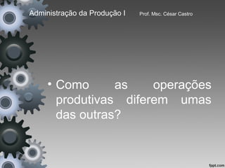 Administração da Produção I   Prof. Msc. César Castro




     • Como      as    operações
       produtivas diferem umas
       das outras?
 