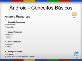 Android - Conceitos Básicos
Android Resources                          /res


 Drawable Resources
res/drawable/
R.drawable

 Layout Resource
res/layout/
R.layout

 Menu Resource
res/menu/
R.menu

 String Resources
res/values/
R.string, R.array, and R.plurals classes
 