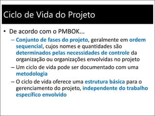 Ciclo de Vida do Projeto
• De acordo com o PMBOK...
– Conjunto de fases do projeto, geralmente em ordem
sequencial, cujos nomes e quantidades são
determinados pelas necessidades de controle da
organização ou organizações envolvidas no projeto
– Um ciclo de vida pode ser documentado com uma
metodologia
– O ciclo de vida oferece uma estrutura básica para o
gerenciamento do projeto, independente do trabalho
específico envolvido
 