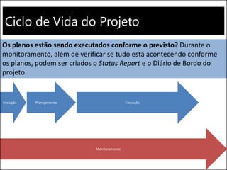 Ciclo de Vida do Projeto
Execução
Monitoramento
Iniciação Planejamento
Os planos estão sendo executados conforme o previsto? Durante o
monitoramento, além de verificar se tudo está acontecendo conforme
os planos, podem ser criados o Status Report e o Diário de Bordo do
projeto.
 