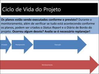 Ciclo de Vida do Projeto
Execução
Monitoramento
Iniciação Planejamento
Os planos estão sendo executados conforme o previsto? Durante o
monitoramento, além de verificar se tudo está acontecendo conforme
os planos, podem ser criados o Status Report e o Diário de Bordo do
projeto. Ocorreu algum desvio? Avalie se é necessário replanejar!
 