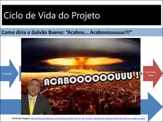 Ciclo de Vida do Projeto
Execução
Monitoramento
Encerram
ento
Iniciação Planejamento
Como diria o Galvão Bueno: “Acabou... Acabooouuuuu!!!”
Fonte da imagem: http://www.estadiovip.com.br/32625/trailer-do-fim-do-mundo-narrado-por-galvao-bueno-bomba-nas-redes-sociais/
 