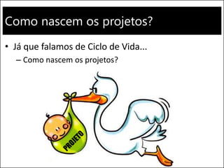 Como nascem os projetos?
• Já que falamos de Ciclo de Vida...
– Como nascem os projetos?
 