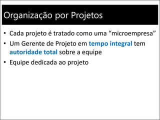 Organização por Projetos
• Cada projeto é tratado como uma “microempresa”
• Um Gerente de Projeto em tempo integral tem
autoridade total sobre a equipe
• Equipe dedicada ao projeto
 