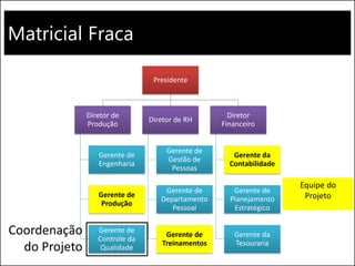 Matricial Fraca
Presidente
Diretor de
Produção
Gerente de
Engenharia
Gerente de
Produção
Gerente de
Controle da
Qualidade
Diretor de RH
Gerente de
Gestão de
Pessoas
Gerente de
Departamento
Pessoal
Gerente de
Treinamentos
Diretor
Financeiro
Gerente da
Contabilidade
Gerente de
Planejamento
Estratégico
Gerente da
Tesouraria
Coordenação
do Projeto
Equipe do
Projeto
 
