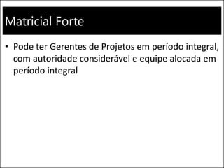 Matricial Forte
• Pode ter Gerentes de Projetos em período integral,
com autoridade considerável e equipe alocada em
período integral
 