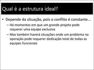 Qual é a estrutura ideal?
• Depende da situação, pois o conflito é constante...
– Há momentos em que um grande projeto pode
requerer uma equipe exclusiva
– Mas também haverá situações onde um problema na
operação pode requerer dedicação total de todas as
equipes funcionais
 